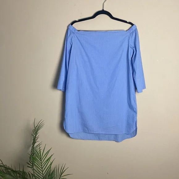 Zara Sky Blue White Stripe Off Shoulder Floral Rose Embroidery Poplin Mini Dress - Picture 4 of 7